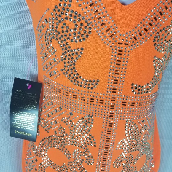 BEBE EMBELLISHED OPEN SHOULDERS DRESS $149 - XXS XS M - ORANGE - NEW WITH TAGS - Picture 3 of 7